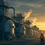 Installation industrielle de captage et stockage du CO₂ avec des techniciens surveillant des infrastructures énergétiques au lever du soleil.