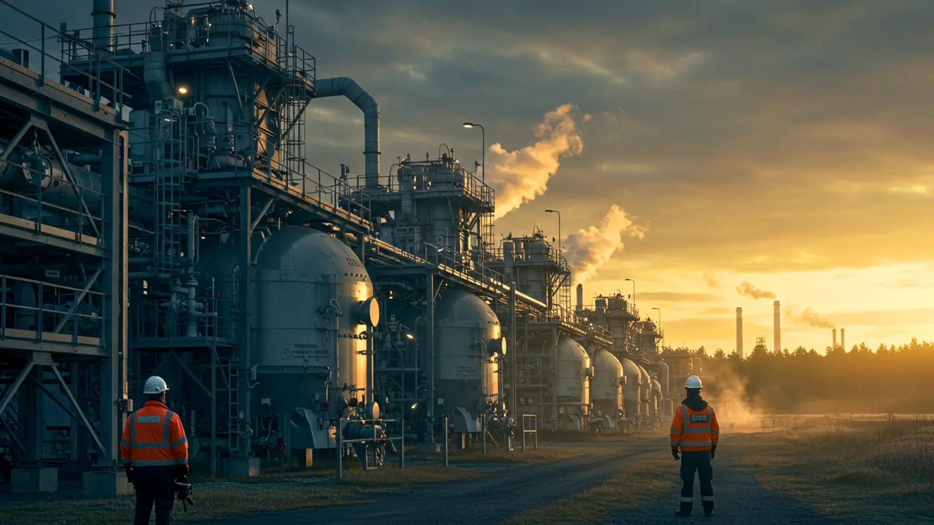 Installation industrielle de captage et stockage du CO₂ avec des techniciens surveillant des infrastructures énergétiques au lever du soleil.