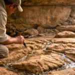 Un archéologue agenouillé examine une carte en relief sculptée dans le sol d’un abri rocheux, avec de petits canaux où l’eau circule naturellement.