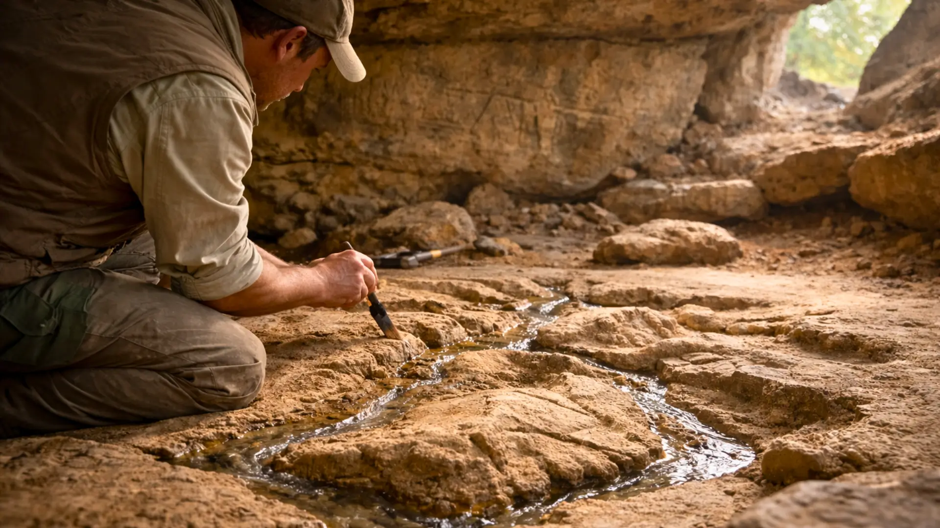 Un archéologue agenouillé examine une carte en relief sculptée dans le sol d’un abri rocheux, avec de petits canaux où l’eau circule naturellement.