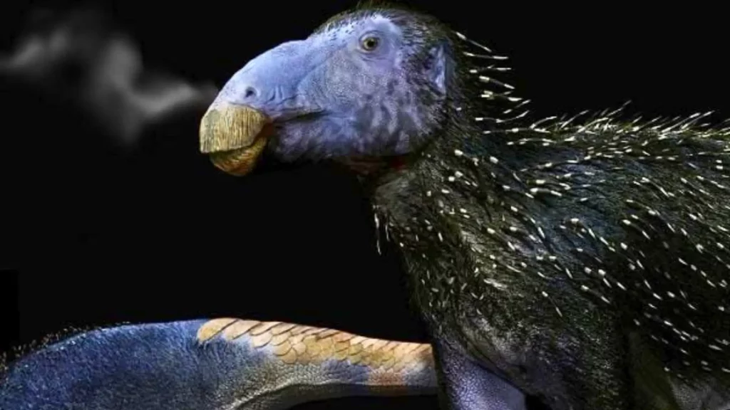Reconstitution artistique d’un jeune Haolong dongi, dinosaure herbivore du Crétacé inférieur en Chine, présentant des piquants cornés sur la peau.