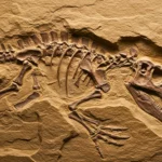 Fossile complet d’un dinosaure ancien incrusté dans la roche, montrant un squelette bien conservé avec des structures osseuses dorsales visibles.