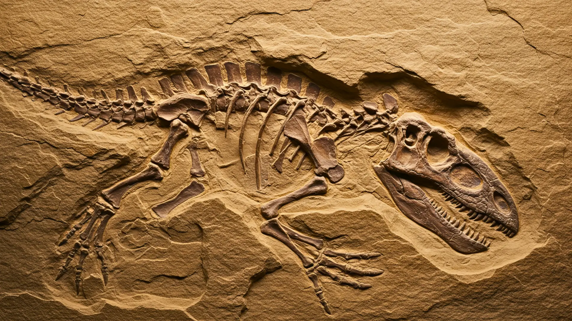 Fossile complet d’un dinosaure ancien incrusté dans la roche, montrant un squelette bien conservé avec des structures osseuses dorsales visibles.