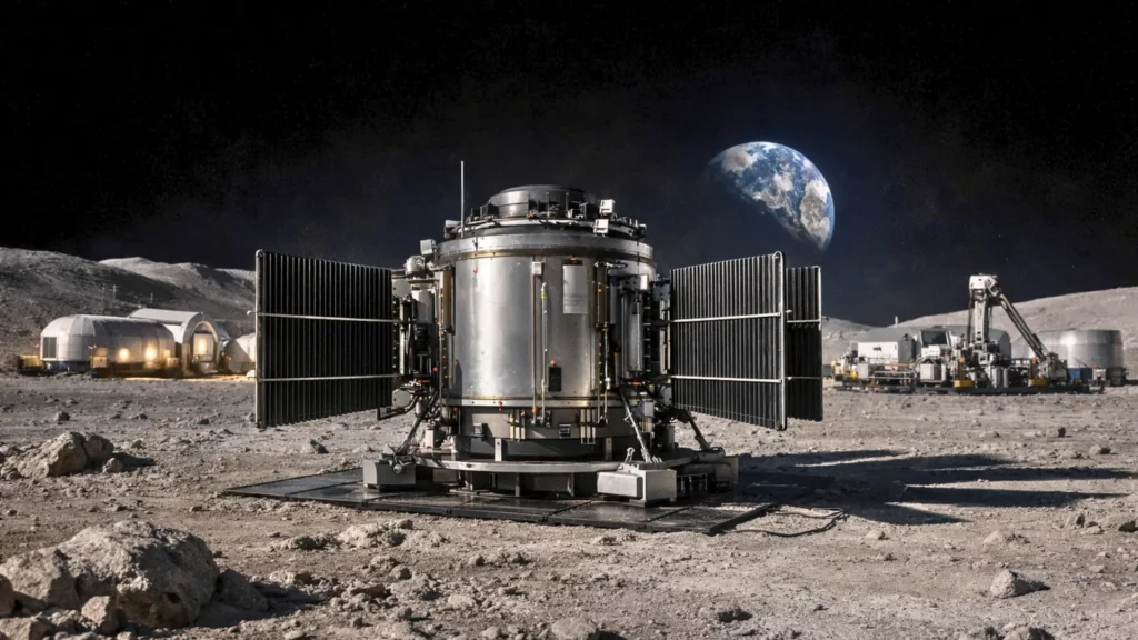 Un réacteur nucléaire compact installé sur la surface de la Lune près d’une base lunaire éclairée, avec la Terre visible à l’horizon.