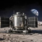 Un réacteur nucléaire compact installé sur la surface de la Lune près d’une base lunaire éclairée, avec la Terre visible à l’horizon.