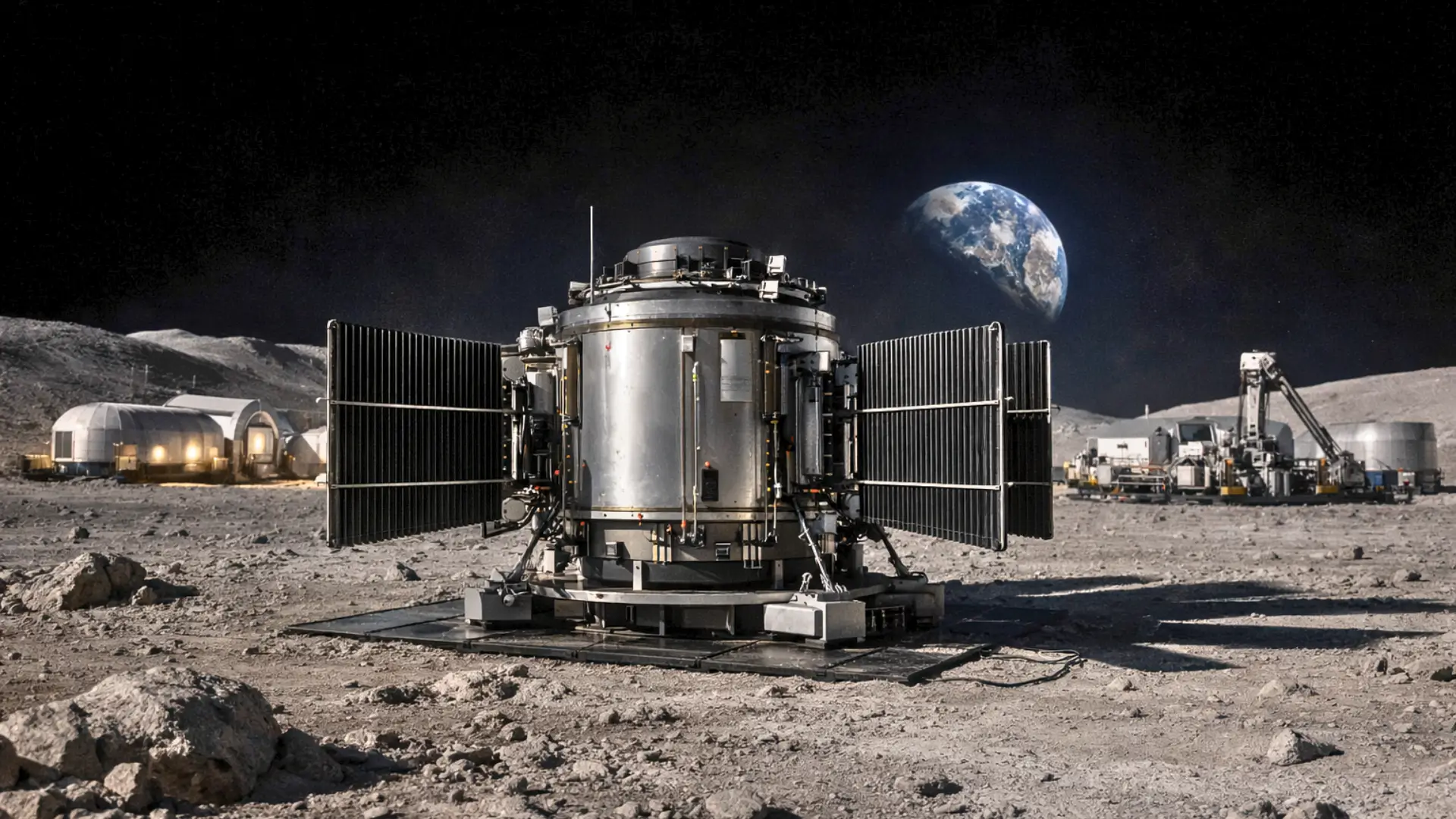 Un réacteur nucléaire compact installé sur la surface de la Lune près d’une base lunaire éclairée, avec la Terre visible à l’horizon.