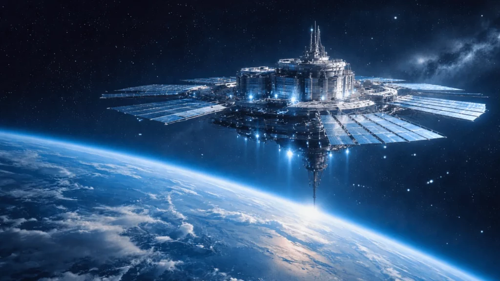 Un immense centre de données futuriste en orbite terrestre, équipé de panneaux solaires, flotte au-dessus de la courbure de la Terre.