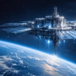 Un immense centre de données futuriste en orbite terrestre, équipé de panneaux solaires, flotte au-dessus de la courbure de la Terre.
