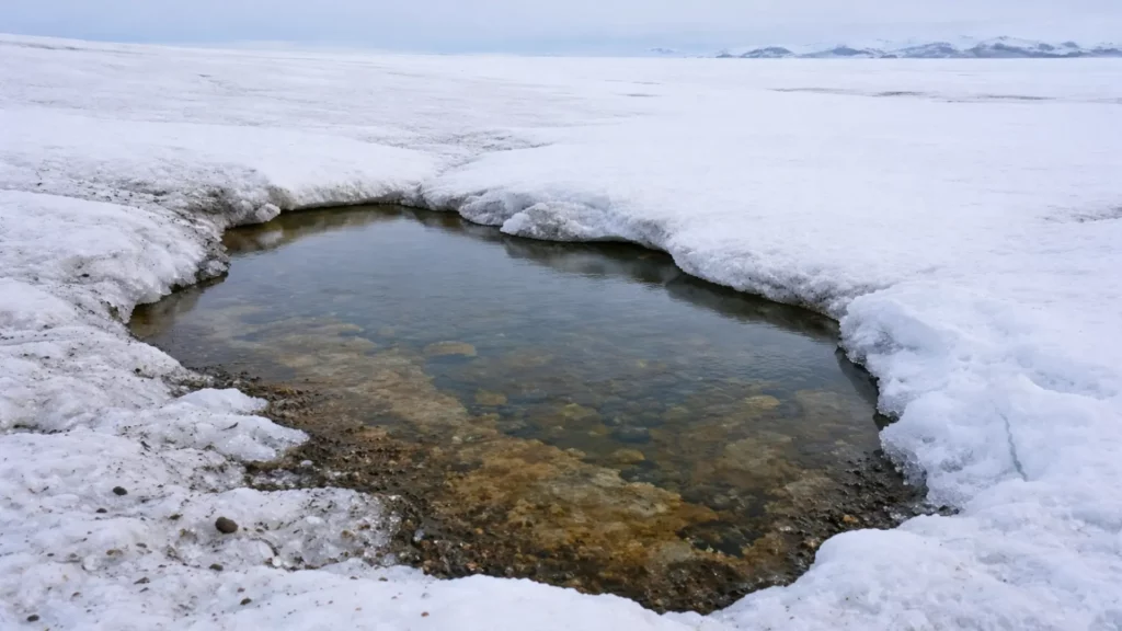 Mare d’eau de fonte circulaire au cœur de la banquise antarctique, entourée de glace blanche, révélant un refuge potentiel pour la vie microbienne.