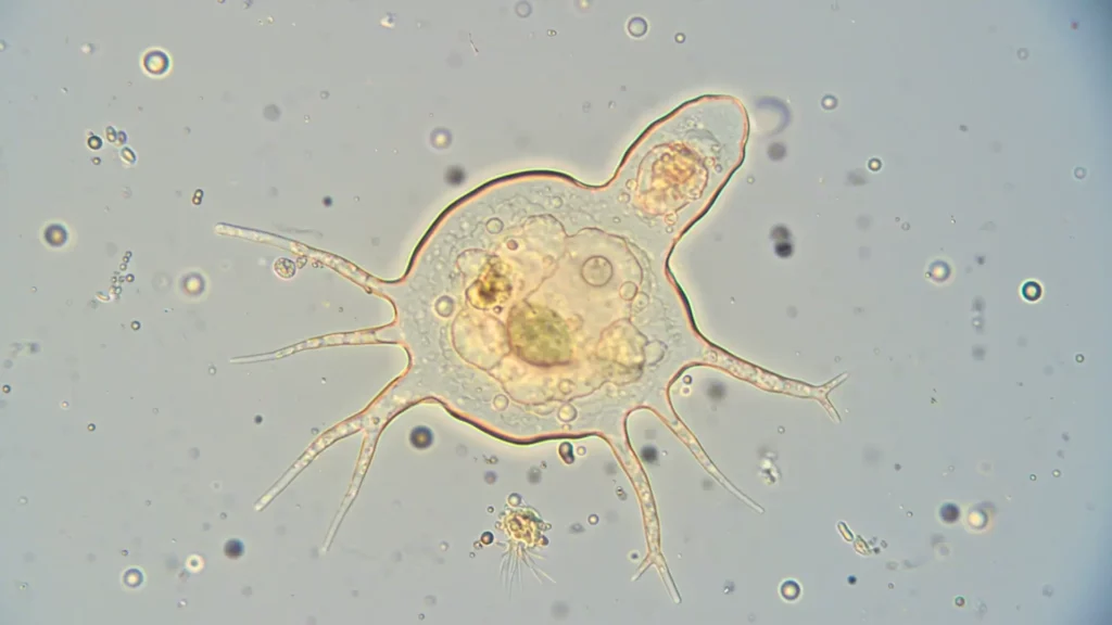 Amibe résistante au chlore et à la chaleur observée au microscope, avec pseudopodes visibles dans un milieu aqueux.