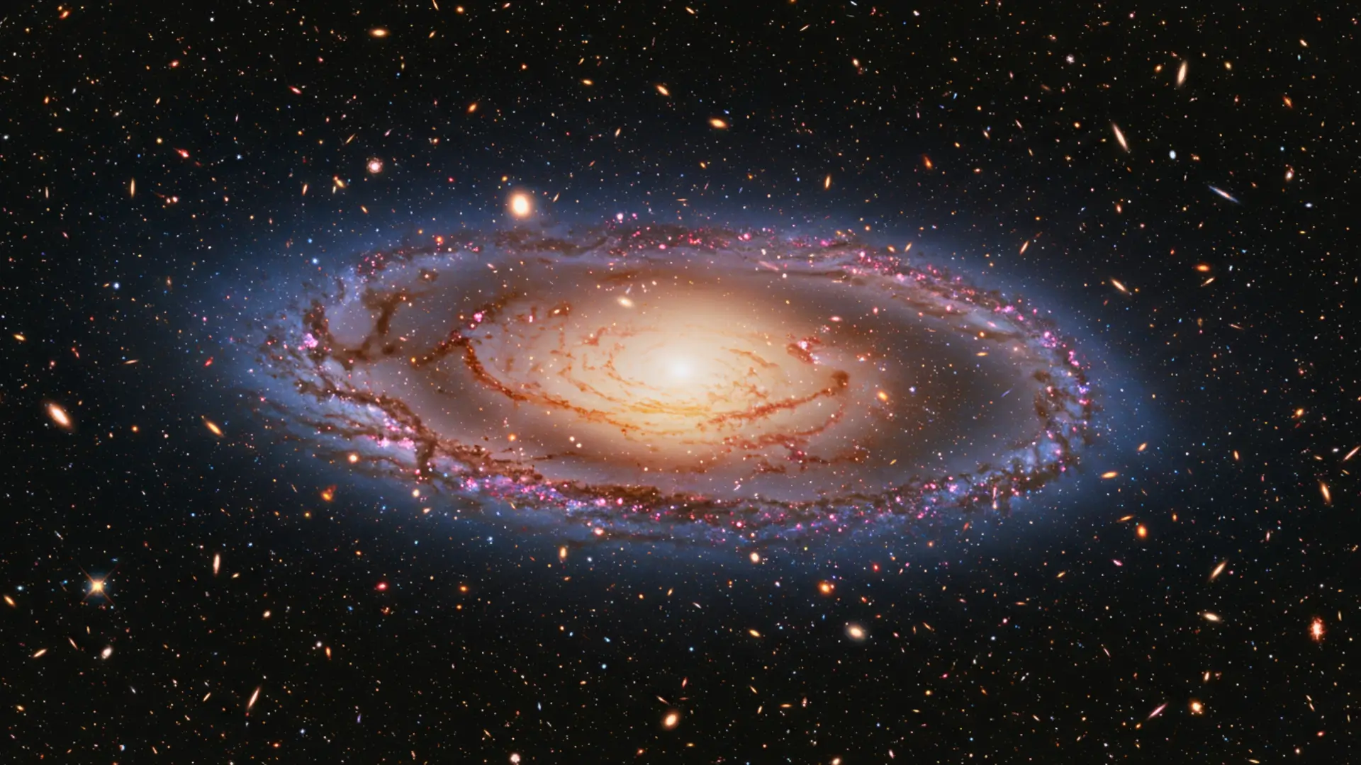 Galaxie spirale lumineuse entourée de milliards d’étoiles et de galaxies lointaines, illustrant l’idée qu’il n’existe pas de centre unique de l’Univers.