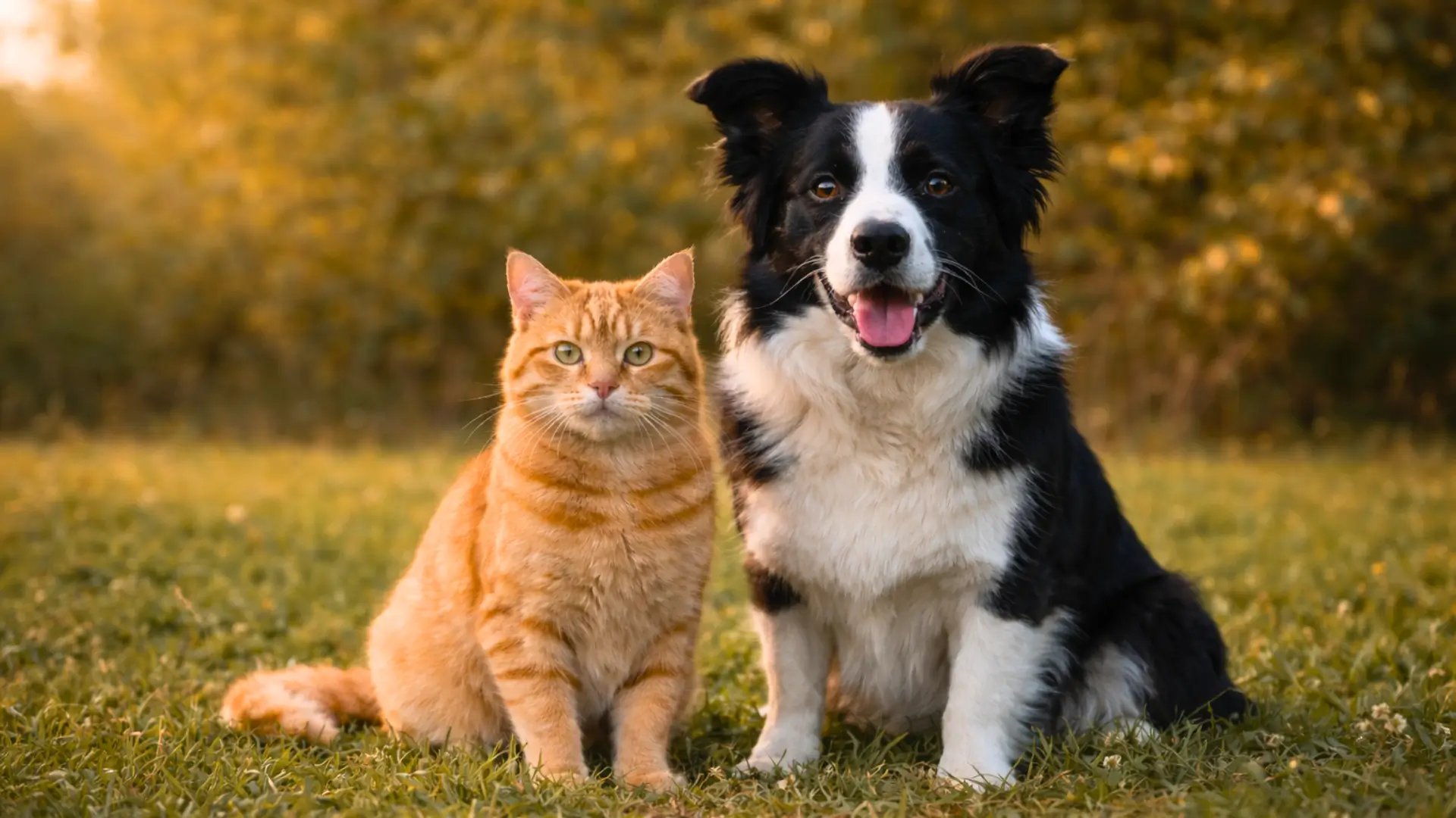 Chat roux et chien noir et blanc assis côte à côte, illustrant la convergence morphologique entre chiens et chats due à la domestication