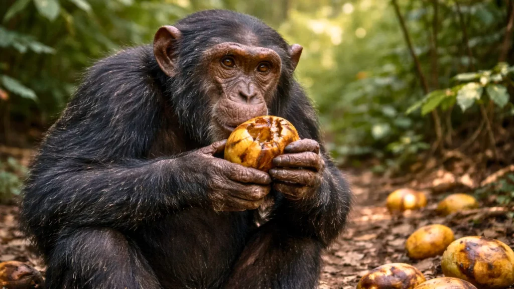 Un chimpanzé sauvage tient un fruit fermenté dans une forêt tropicale africaine, entouré d’autres fruits tombés au sol.