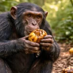 Un chimpanzé sauvage tient un fruit fermenté dans une forêt tropicale africaine, entouré d’autres fruits tombés au sol.