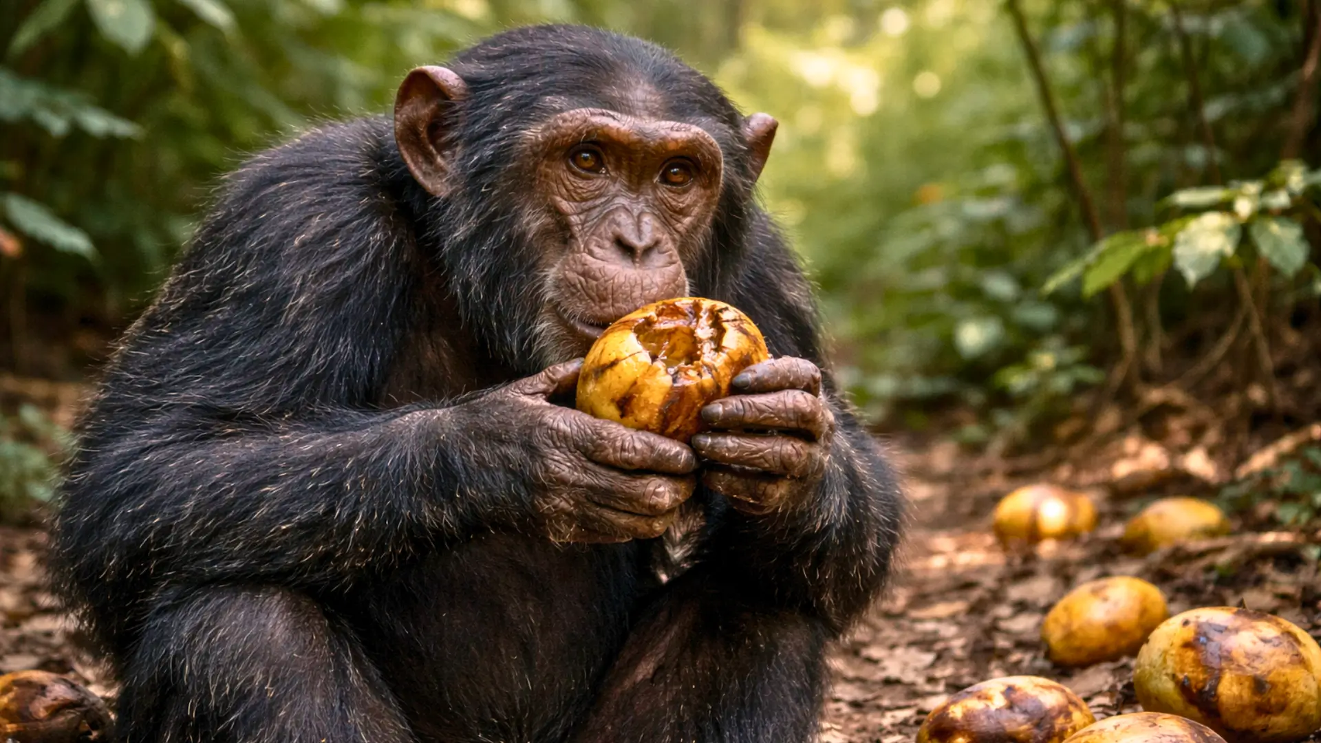 Un chimpanzé sauvage tient un fruit fermenté dans une forêt tropicale africaine, entouré d’autres fruits tombés au sol.