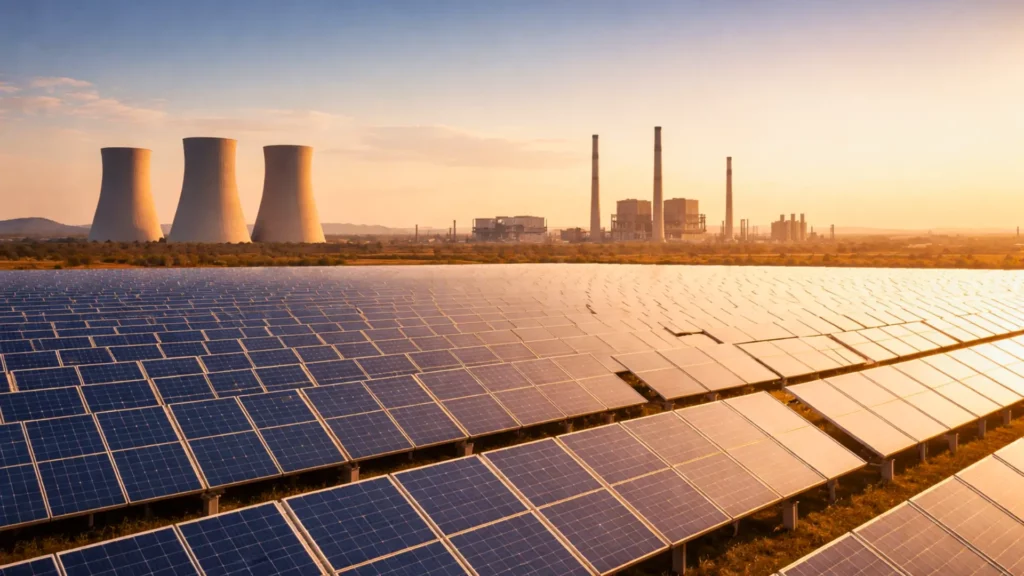 Immense centrale solaire en Chine au coucher du soleil, avec des panneaux photovoltaïques au premier plan et des installations industrielles en arrière-plan sans fumée visible.