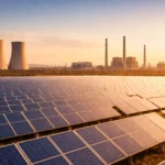 Immense centrale solaire en Chine au coucher du soleil, avec des panneaux photovoltaïques au premier plan et des installations industrielles en arrière-plan sans fumée visible.