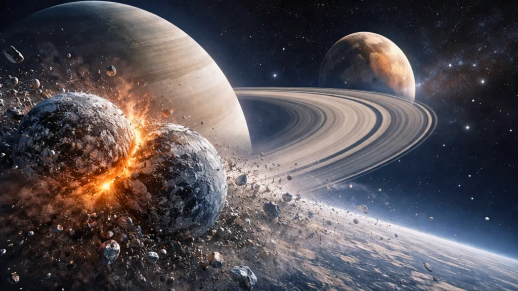 Collision violente entre deux lunes près de Saturne, projetant des débris glacés à l’origine potentielle de Titan et de ses anneaux.