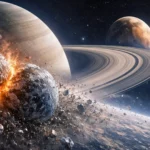 Collision violente entre deux lunes près de Saturne, projetant des débris glacés à l’origine potentielle de Titan et de ses anneaux.