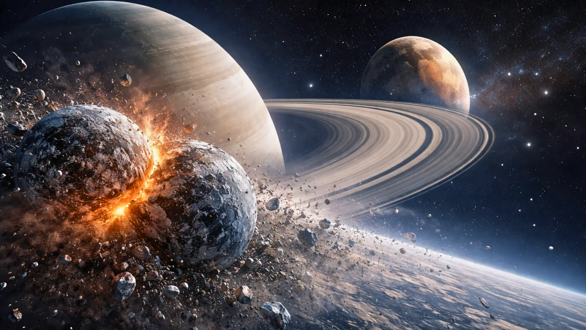 Collision violente entre deux lunes près de Saturne, projetant des débris glacés à l’origine potentielle de Titan et de ses anneaux.