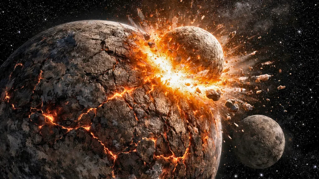 Collision spectaculaire entre deux planètes rocheuses dans l’espace, projetant des débris et des fragments de croûte en fusion autour d’un impact incandescent.