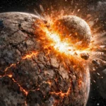 Collision spectaculaire entre deux planètes rocheuses dans l’espace, projetant des débris et des fragments de croûte en fusion autour d’un impact incandescent.