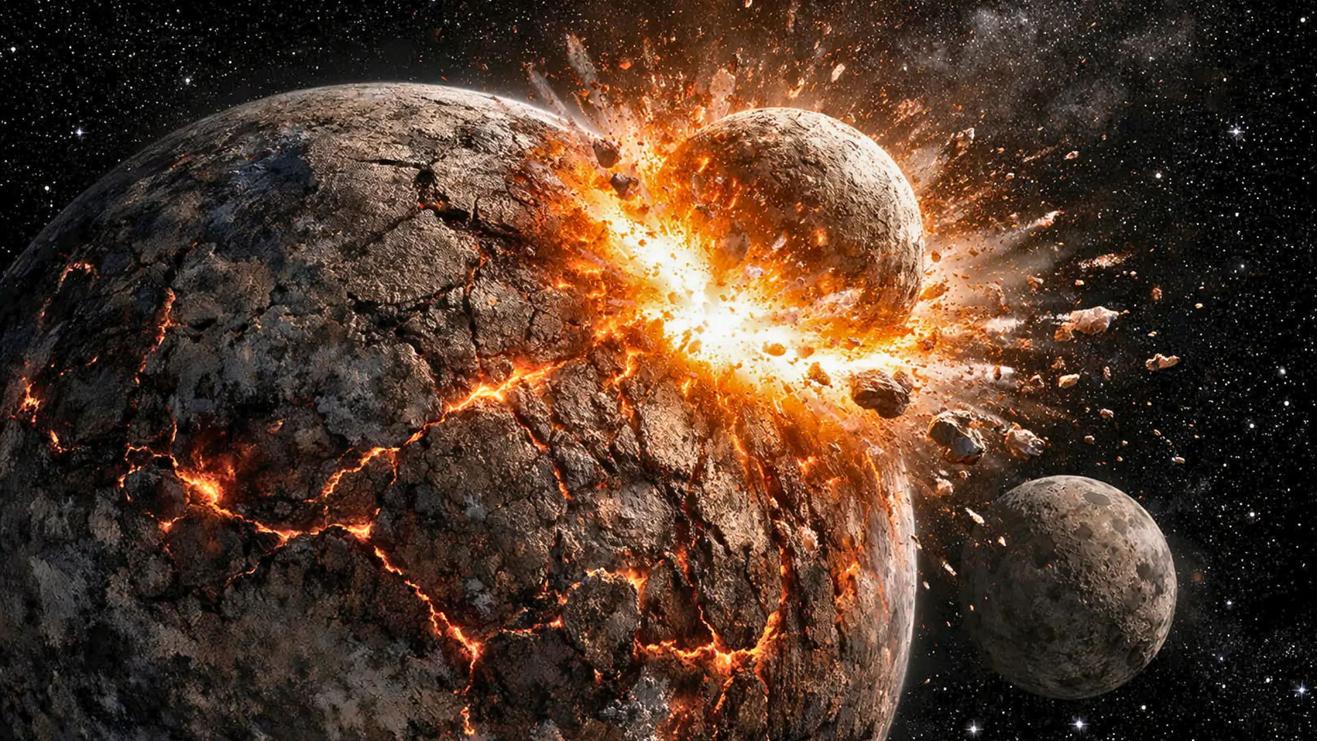 Collision spectaculaire entre deux planètes rocheuses dans l’espace, projetant des débris et des fragments de croûte en fusion autour d’un impact incandescent.