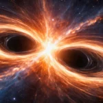 Deux trous noirs massifs en pleine fusion dans l’espace profond, entourés de disques d’accrétion lumineux et de matière déformée par une gravité extrême.