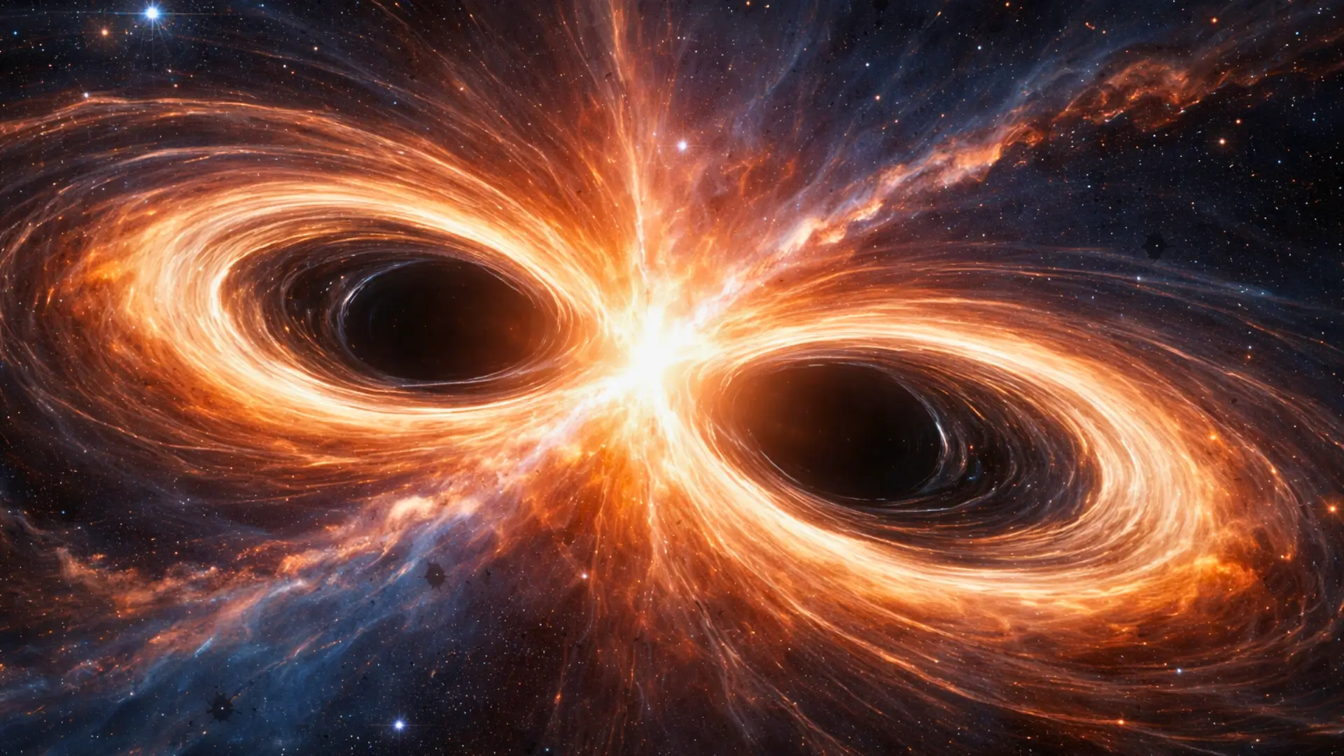 Deux trous noirs massifs en pleine fusion dans l’espace profond, entourés de disques d’accrétion lumineux et de matière déformée par une gravité extrême.