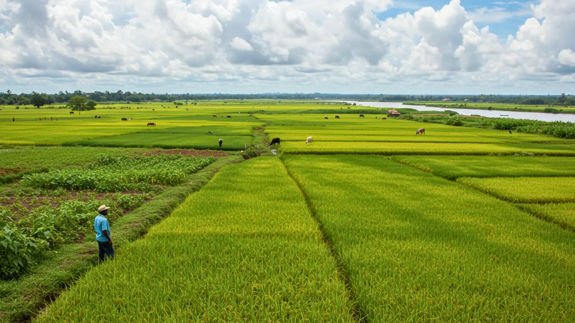 Champs agricoles verdoyants du Guyana avec cultures vivrières et élevage, illustrant l’autonomie alimentaire du pays.
