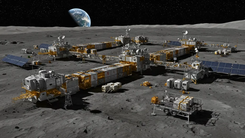 Base industrielle automatisée sur la surface lunaire avec modules interconnectés, panneaux solaires et antennes, la Terre visible à l’horizon.