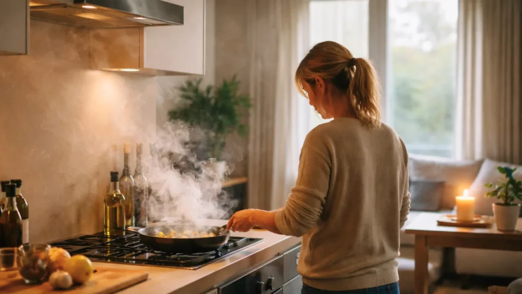 Femme cuisinant sur une plaque de cuisson avec des fumées visibles, illustrant la pollution de l’air intérieur dans un logement