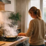Femme cuisinant sur une plaque de cuisson avec des fumées visibles, illustrant la pollution de l’air intérieur dans un logement