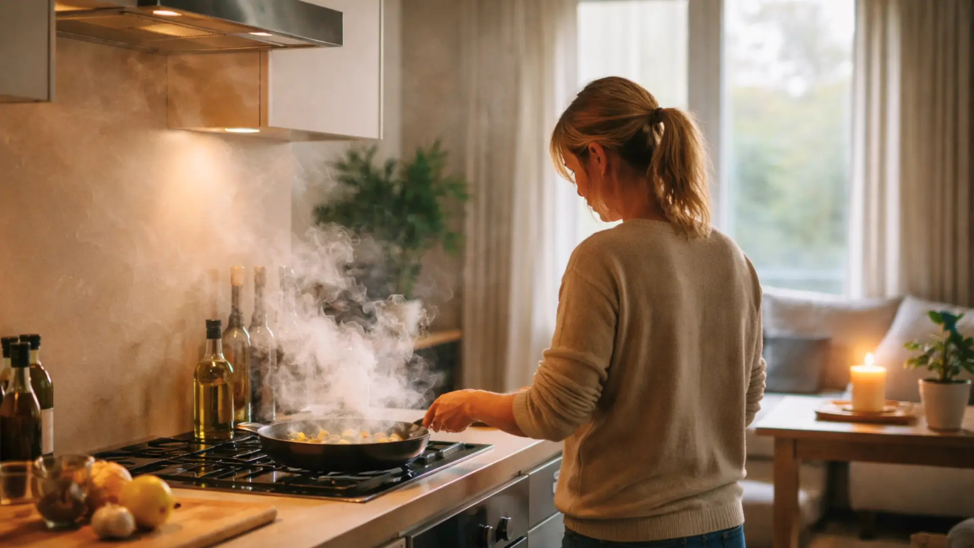 Femme cuisinant sur une plaque de cuisson avec des fumées visibles, illustrant la pollution de l’air intérieur dans un logement