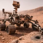 Le rover Curiosity analyse une roche forée dans le cratère Gale sur Mars, au cœur d’un paysage désertique rougeâtre.