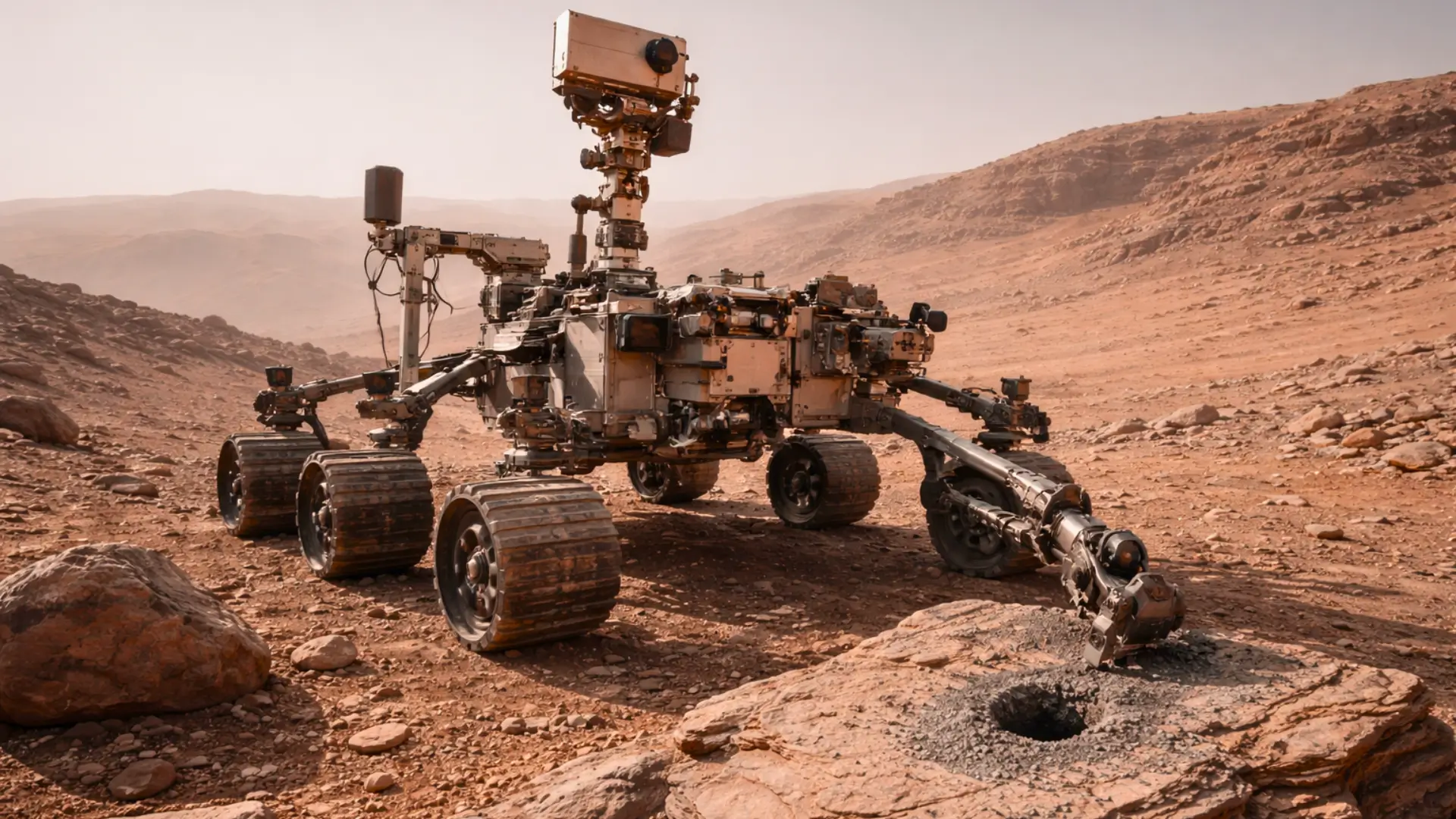 Le rover Curiosity analyse une roche forée dans le cratère Gale sur Mars, au cœur d’un paysage désertique rougeâtre.