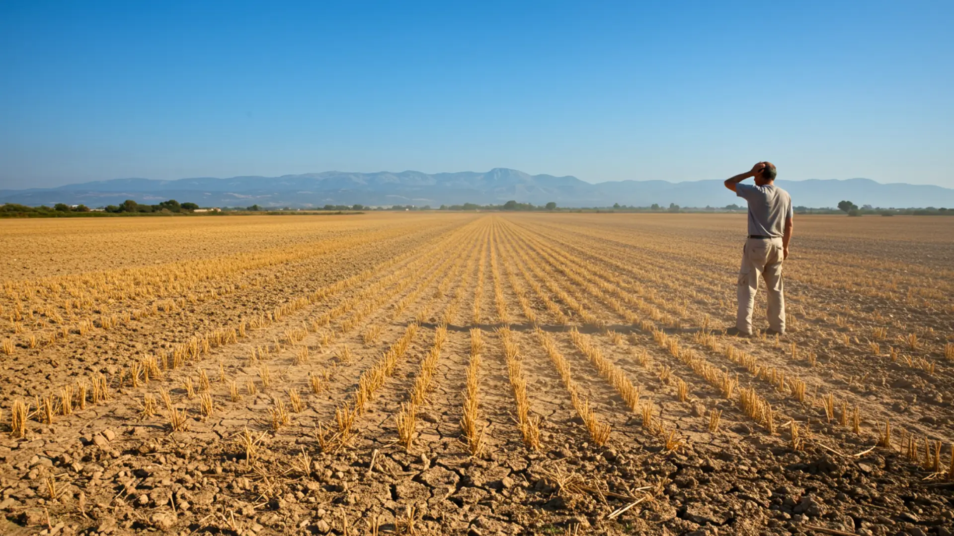 Agriculteur observant un champ asséché après récolte, marqué par la sécheresse et la chaleur extrême.