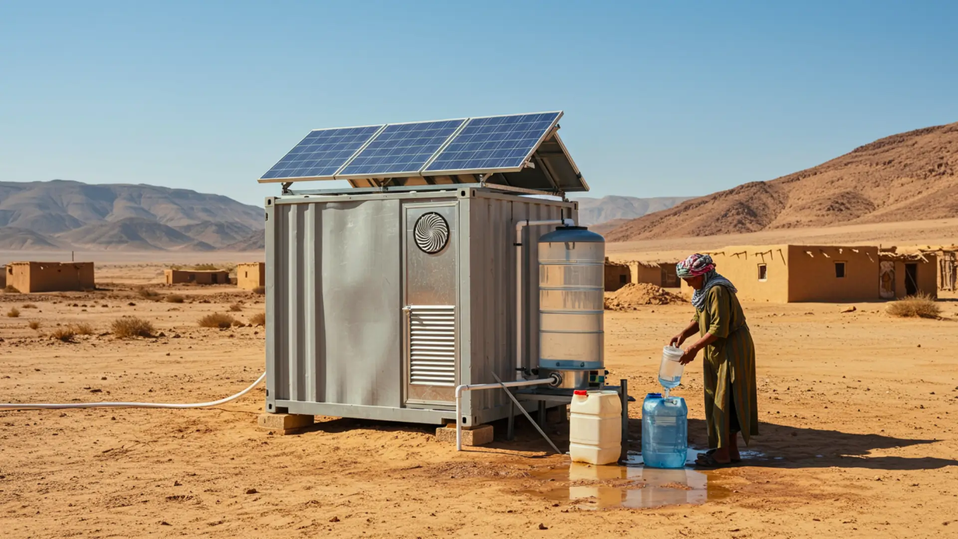 Machine solaire produisant de l’eau potable à partir de l’air sec dans un village désertique isolé