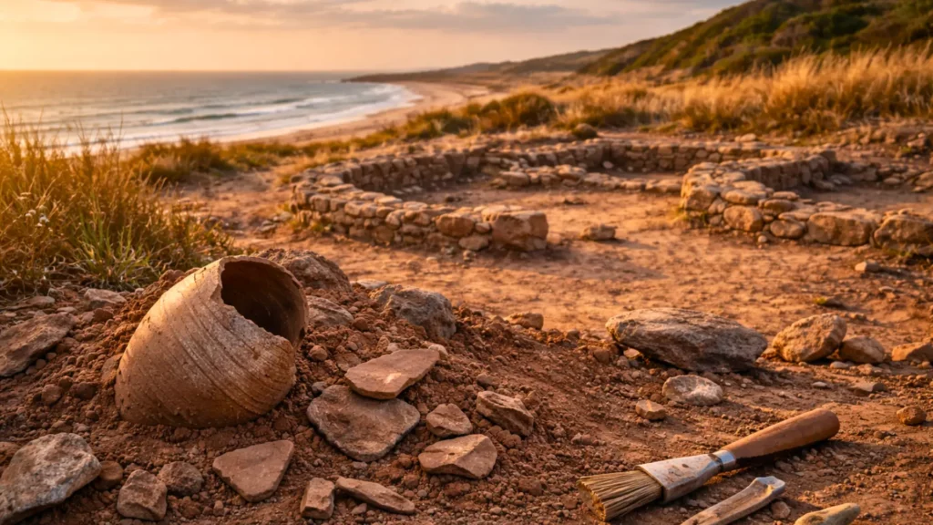 Tessons de poterie anciens et fondations en pierre mis au jour sur le site archéologique de Kach Kouch, sur la côte atlantique marocaine.