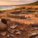 Tessons de poterie anciens et fondations en pierre mis au jour sur le site archéologique de Kach Kouch, sur la côte atlantique marocaine.