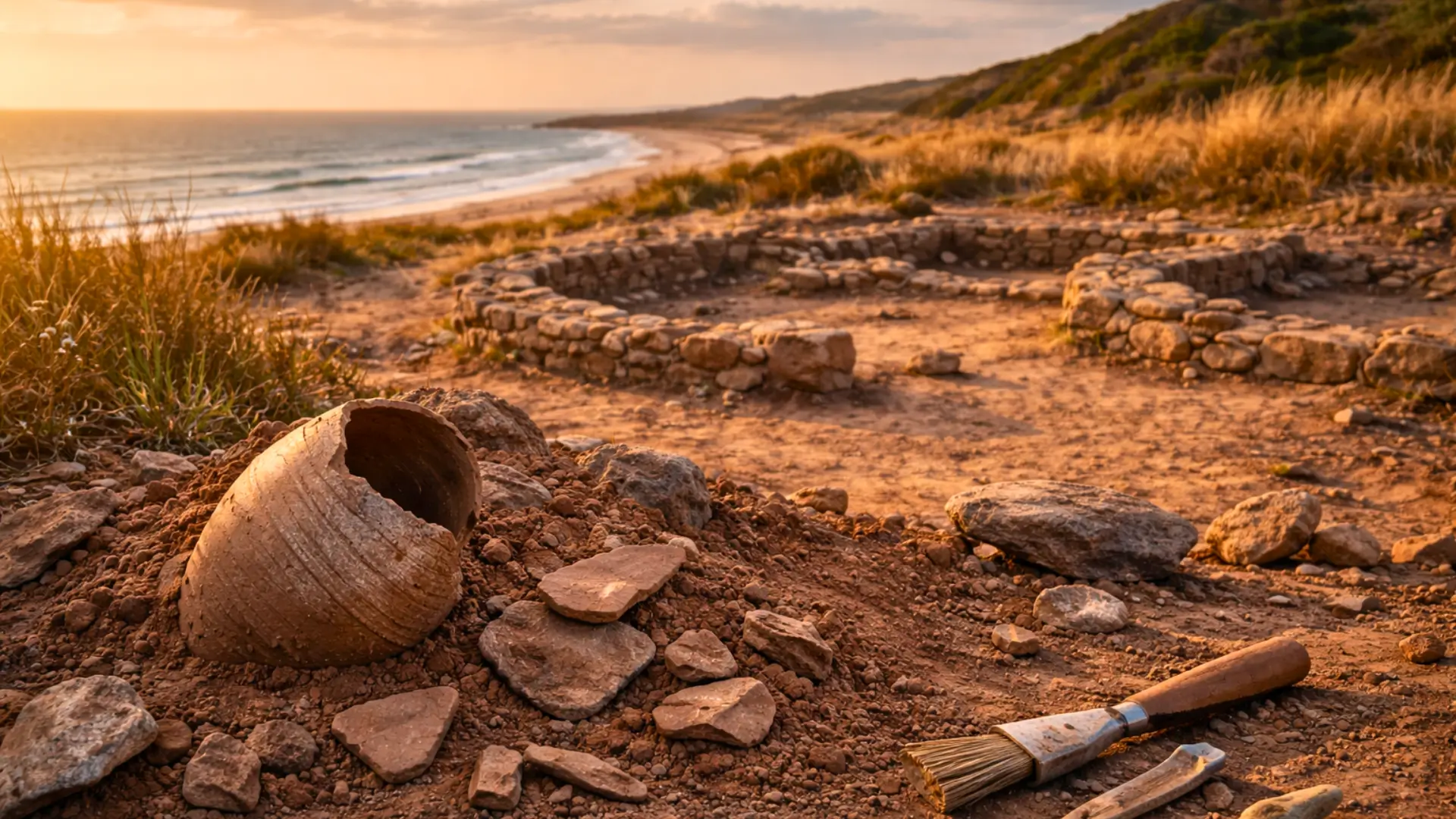 Tessons de poterie anciens et fondations en pierre mis au jour sur le site archéologique de Kach Kouch, sur la côte atlantique marocaine.