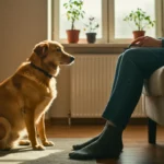 Chien assis face à son maître dans un salon, attentif à sa voix, illustrant l’influence émotionnelle humaine sur l’équilibre canin