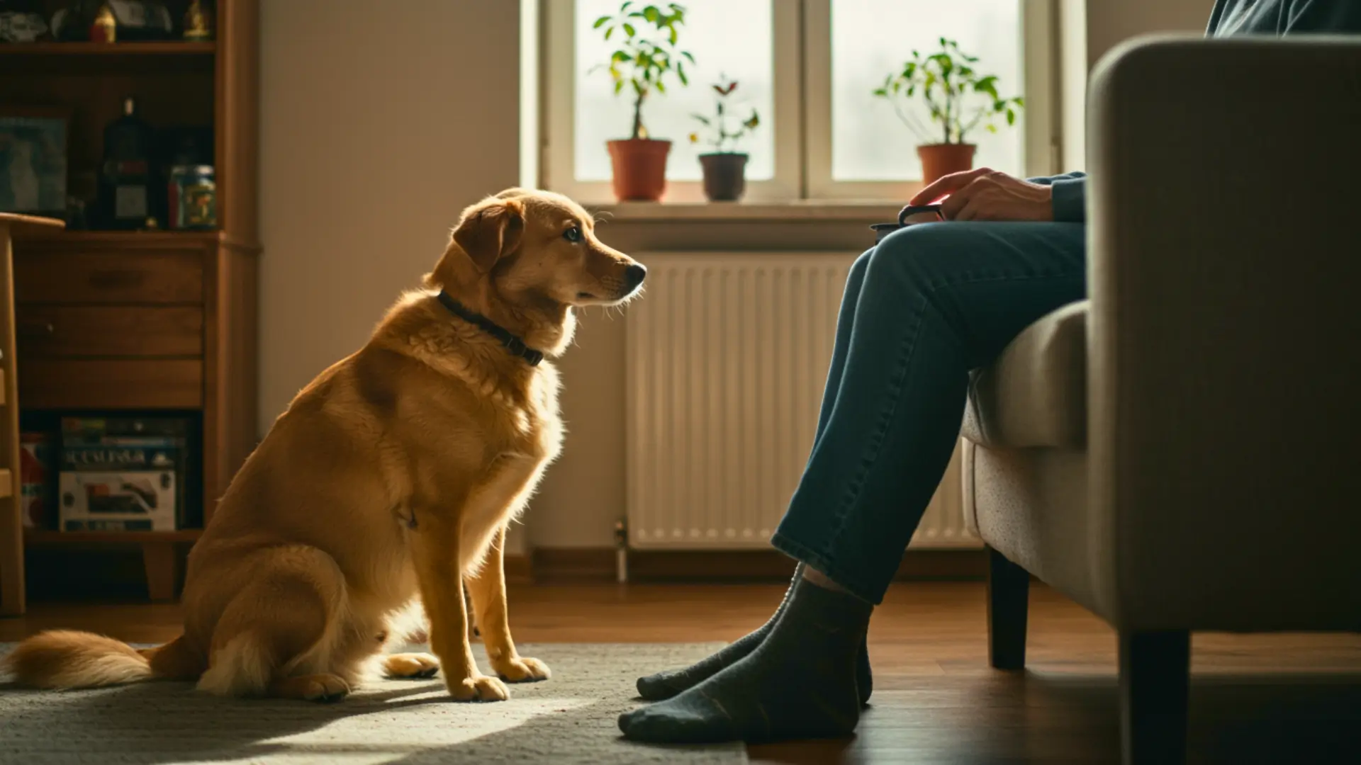 Chien assis face à son maître dans un salon, attentif à sa voix, illustrant l’influence émotionnelle humaine sur l’équilibre canin