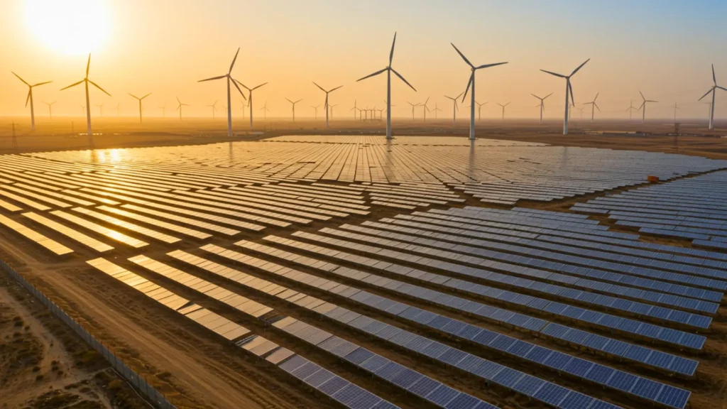 Parc solaire géant en Chine avec panneaux photovoltaïques et éoliennes illustrant la transition énergétique bas-carbone.