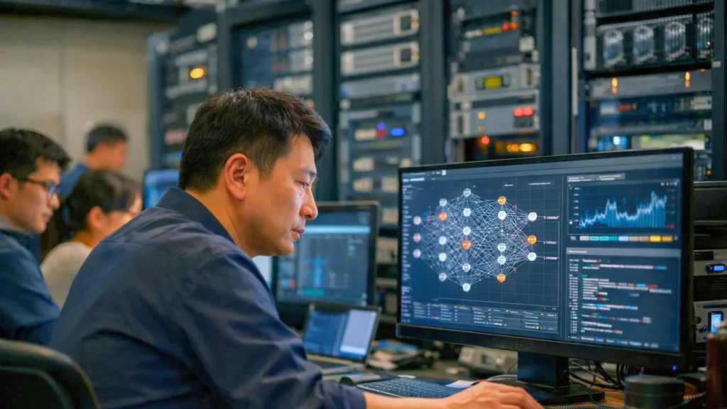 Ingénieur chinois analysant un réseau d’intelligence artificielle sur écran dans un centre de données, illustrant l’optimisation technologique face aux sanctions sur les puces.