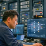 Ingénieur chinois analysant un réseau d’intelligence artificielle sur écran dans un centre de données, illustrant l’optimisation technologique face aux sanctions sur les puces.
