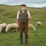 Éleveur de moutons du XIXe siècle debout dans un paysage vallonné, entouré de son troupeau, évoquant les origines des réflexions sur l’évolution des machines.