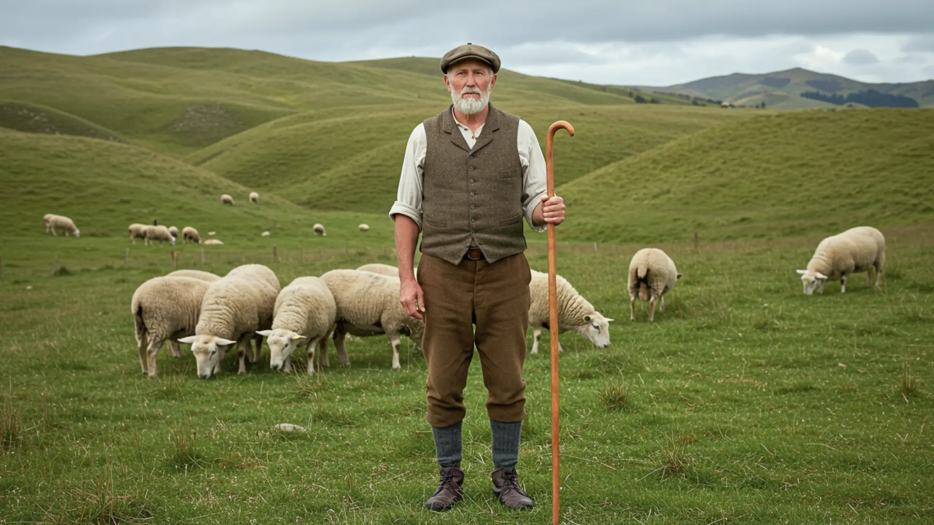 Éleveur de moutons du XIXe siècle debout dans un paysage vallonné, entouré de son troupeau, évoquant les origines des réflexions sur l’évolution des machines.