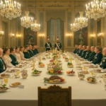 Banquet diplomatique de 1896 à Paris avec le tsar Nicolas II, officiers français et russes réunis autour d’une table fastueuse dans un palais.