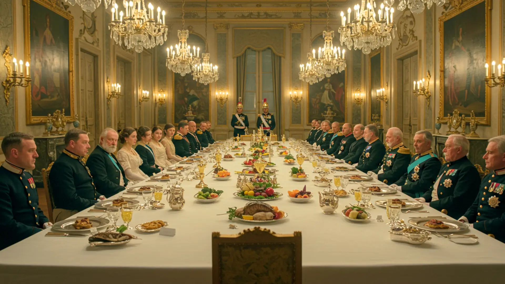 Banquet diplomatique de 1896 à Paris avec le tsar Nicolas II, officiers français et russes réunis autour d’une table fastueuse dans un palais.